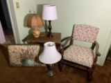 3 Lamps, Side Table, Chair & Art