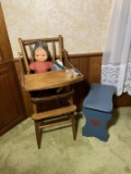 Antique Child's High Chair with Antique Doll, Blocks & Small Painted Blue Bench