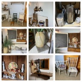 4 Antique Chairs, Shelf, Stoneware Crock, Oil Lamp, Stoneware Soap Dish, Mirror & More