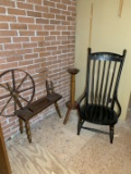 Spinning Wheel, Candle Holder & Small Chair