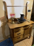 Antique Dry Sink, Wash Pitcher, Light & Mirror.  Damage to Top of Wash Stand.  See Photos
