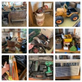 Tool Bench Area Cleanout - Tools, Milk Can, Keys, Miter Saw, Hedge Trimmer, AC(Works) & More