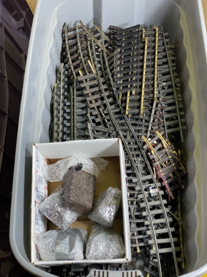 Large Tote Full of Track & Assorted Model Buildings