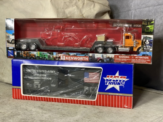 Kenworth 1/32 Scale Flatbed Truck & USA Trains Operation Enduring Freedom Army Train Car