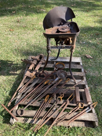 Large Assortment of Blacksmith Tools, Vice, Forge Blower