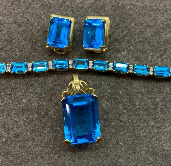 14k Gold Bracelet, Earrings, Pendant Set - 42.5 grams. Topaz