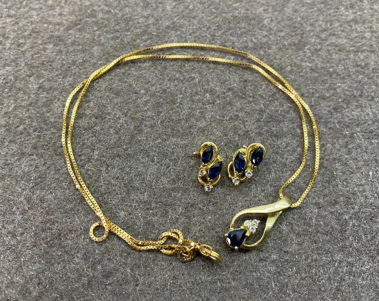 14k Gold Diamond Sapphire Earrings, Necklace 7.6 grams