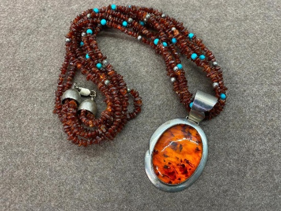 Sterling Silver & Amber Pendant with Amber, Turquoise Bead Chain