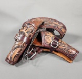 Embossed Floral Brown Leather Gun Belt Featuring Bullet Loops and Two Holsters