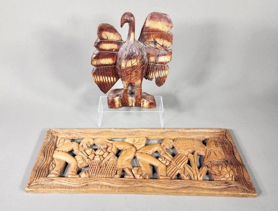 Vintage Hand Carved High Relief Wood Panel and Hand Carved Wooden Turkey