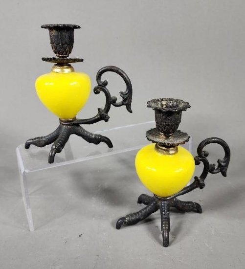 Pair of Antique Bird Foot Candle Holders - Cast Iron/Yellow Glass