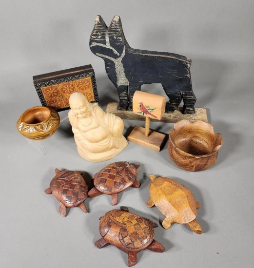 Group of Wooden Items, Cat, Turtles, Carved Box and More