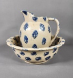 Pitcher and Bowl With Blue Pattern on Cream Background