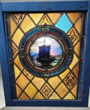 Vintage Stained Glass Picture with Painted Sailing Ship in Center