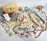 Large Group of Costume Jewelry and Vintage Wood Carved Box