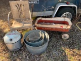 Vintage Metal Patio Chair, Galvanized Bucket, Radio Rancher Wagon