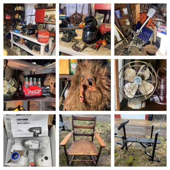 Garage Cleanout - Workbench Cleanout, Tools, Air Tank, Vintage Telephones, Vintage Webbed Lawn Chair