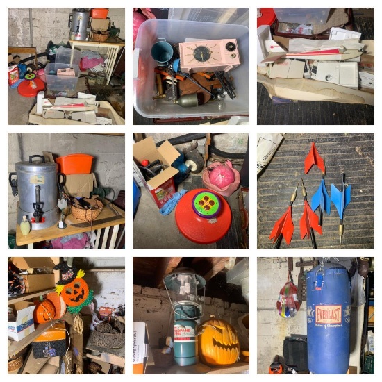 Basement Room Cleanout - Decorative Items, Halloween Decorations, Bed Frame, Cooler, Golf Clubs,