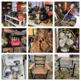 Garage Cleanout - Workbench Cleanout, Tools, Air Tank, Vintage Telephones, Vintage Webbed Lawn Chair