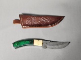 Damascus Knife In Sheath - Green Handle