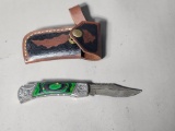 Damascus Folding Knife In Sheath