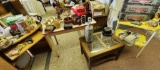 Two Vintage Enamel Tables, Carved Wooden Top Table and More