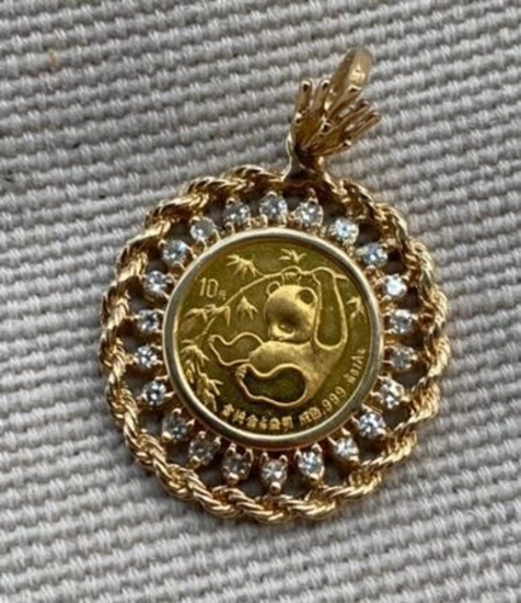 Chinese 10 Yuan Panda Gold Coin in 14k Gold Bezel with Diamonds