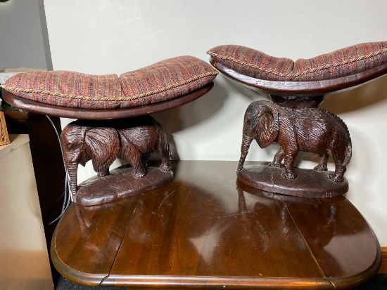 Two Wood Carved African Elephant Tribal Chief Thrones/Seats
