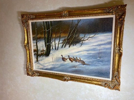 Vintage Signed Oil on Canvas Painting - Pheasants
