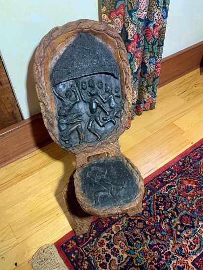 Wood Carved African Tribal Chair/Throne/Palaver with Dancing & Drumming Scenes