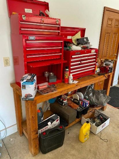 Two Nicer Tool Boxes, Tools, Items On and Underneath the Bench