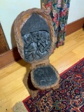 Wood Carved African Tribal Chair/Throne/Palaver with Dancing & Drumming Scenes