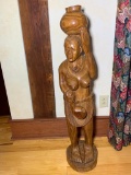 Carved Wooden Sculpture of African Women Balancing Water Pot & Carrying a Gourd Water Dipper