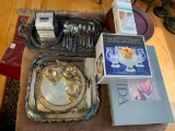 Group of Silver Plated Items, Oneida Spoons, Oneida Serving Tray, Gorham Napkin Rings, Table Linens