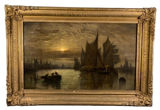 Sailing Ships in Harbor- Edward Moran (1829-1901)