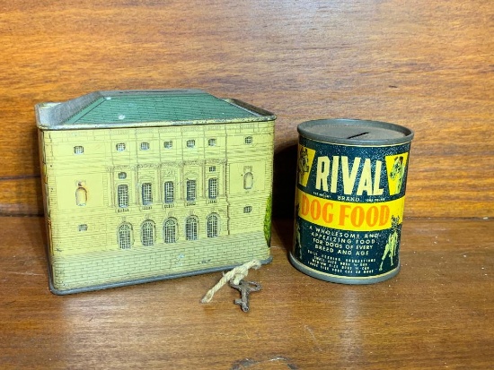 Vintage "The Queens Dolls' House Bank with Key & Rival Dog Food Bank