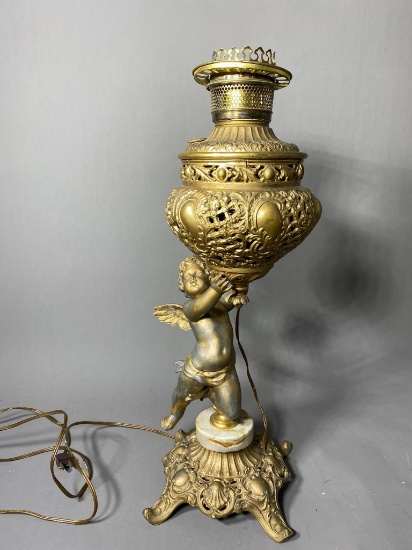 Antique Converted Oil Lamp with Putti Cherub - Electrified