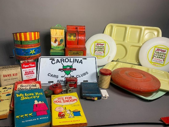 Vintage Tins, Kellogg's Corn Flake Frisbees, Uncle Sam's Register Bank, Match Holder, Flour Sifter
