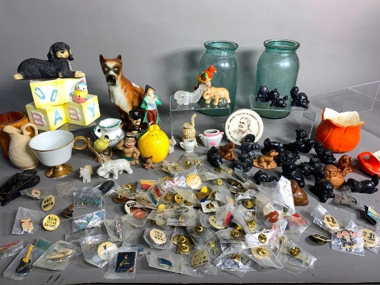 Collector Pins, Ball Jars, Statues, Animal Figures, MCM Creamer & Vase and More