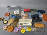 Vintage Glasses, Buttons, Make Compact Cases, Military Buttons, 7 Up Bottle Opener & More