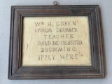 Early Hand Written Sign - Wm. H. Green, Lyceum Drummer