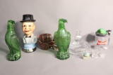 Vintage Glass & Ceramic Collectibles - Charlie McCarthy, Jim Beam, Budweiser, Green Glass Eagles