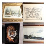 Painted Tiger on Black Velvet Framed Art plus 3 Other Art Prints