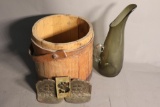 Vintage MCM Pitcher/Vase, Antique Bucket, Metal Bookends, & Stencils
