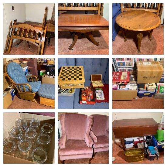 Family Room Area Cleanout - Single Bed Frames, Side Tables, Rocking Chair, Games, Books, Canning Jar