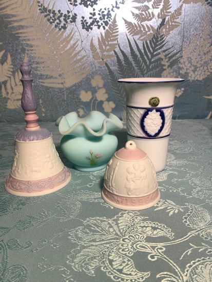 Fenton Rose Bowl Vase, (2) Lladro Bells & Wellington Castle Porcelain Vase