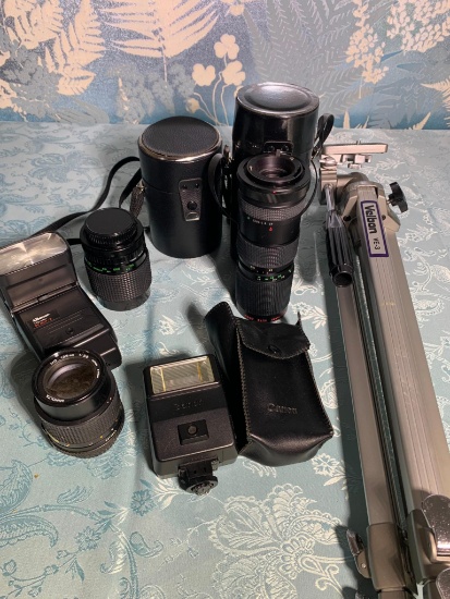 Minolta Camera Lense & Other Assorted Sizes of Camera Lenses, Camera Stand & Flashes