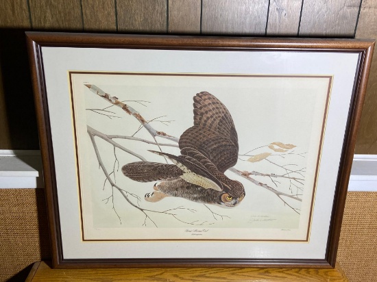 Vintage Framed Owl Animal Print Signed John Ruthven