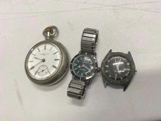 18 size 17j Elgin Pocket Watch plus Two Vintage Dive Watches