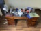 Wooden Desk Plus Items on Desk, Fan